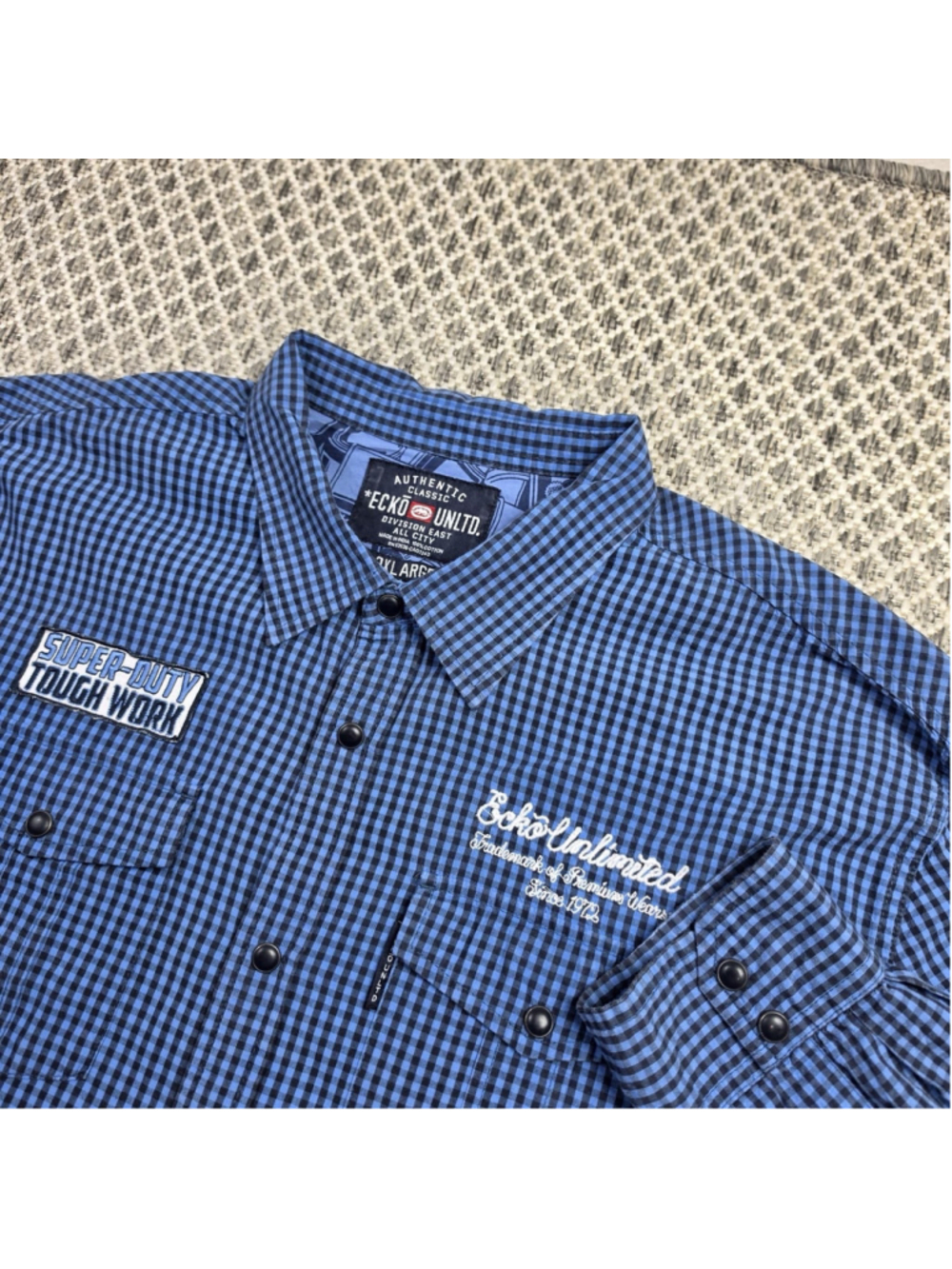 Ecko Unltd Work Shirt Men’s 2XL Blue Check Snap Button Heavy Duty Long Sleeve